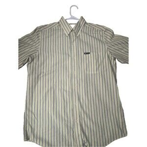 Chaps Shirt Easy Care Button Up Mens Medium Yellow Blue Striped Short Sleeve